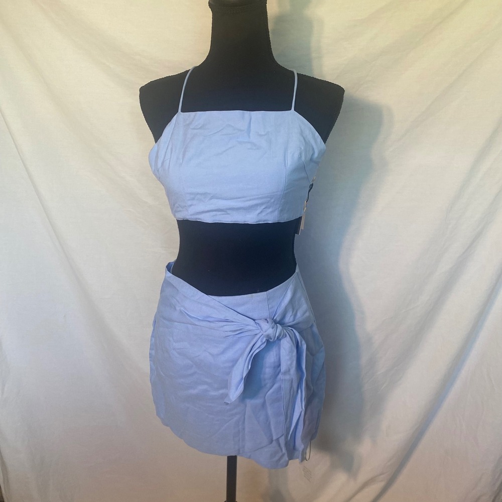 Superdown Blue Linen Blend 2 Piece Set Lace Up Crop Top Mini Skirt S
